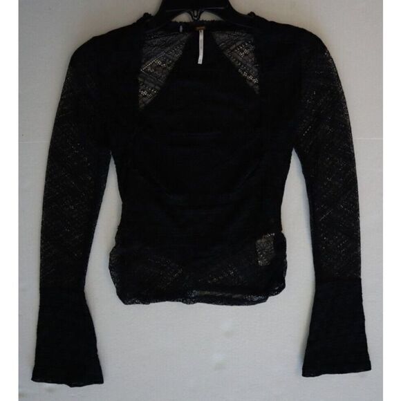 Free People OB1656955 Women's Sz XS Black L/S Lace My Party Top Blouse - Picture 5 of 9